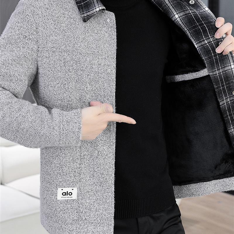 秋冬季加绒加厚夹克男翻领韩版潮流帅气保暖毛呢大衣冬装短款外套