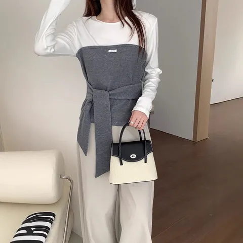 收腰撞色长袖秋季上衣t恤绑带新款针织韩版拼接女设计感假两件