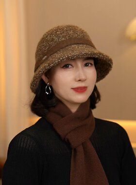 秋冬季新款复古保暖显脸小针织水桶帽韩系简约金属标百搭渔夫帽女