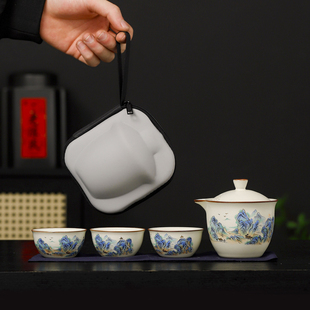 户外便携式 汝窑旅行茶具套装 快客杯一壶三杯泡茶壶茶杯收纳包