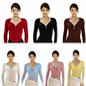 显瘦带胸垫练功服七色Q85 拉丁舞上衣女修身 傲睨舞服新款 方领长袖