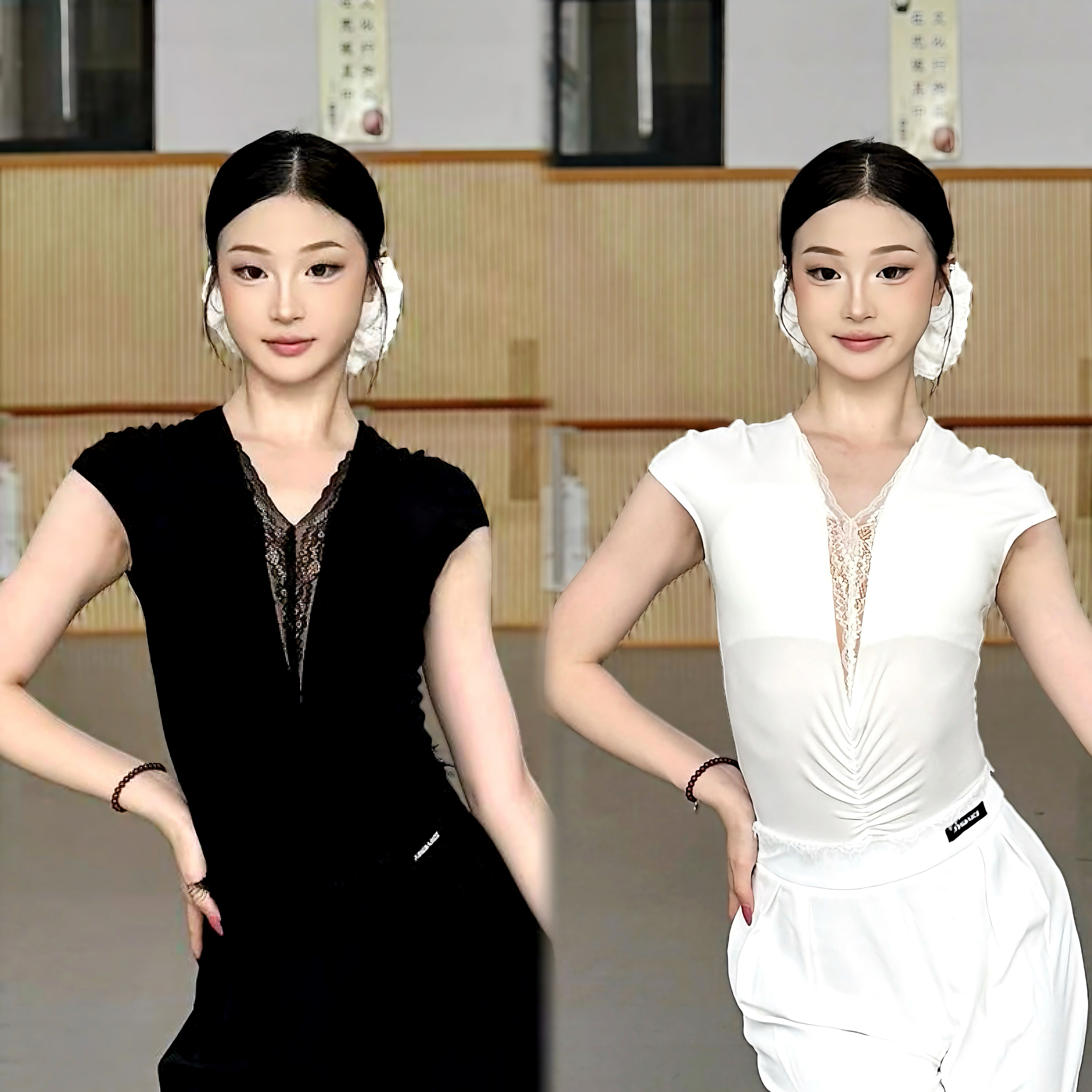 傲睨舞服夏季蕾丝拼接深v领连肩袖拉丁舞服连体上衣自带胸垫Q100