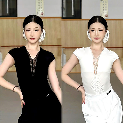 傲睨舞服夏季蕾丝拼接深v领连肩袖拉丁舞服连体上衣自带胸垫Q100