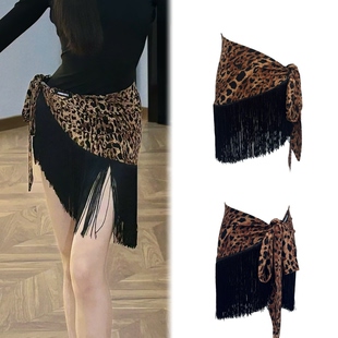 复古高级感流苏裙Q95 傲倪舞服豹纹流苏腰巾女拉丁舞系带一片式