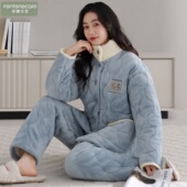 芬腾可安睡衣女士冬季 三层加厚珊瑚绒夹棉法兰绒加大码 棉袄家居服