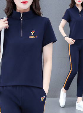 【品牌】高档夏季运动套装女新款时尚大码短袖休闲跑步服两件套薄