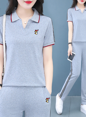 【品牌】纯棉休闲运动套装女夏季翻领polo衫两件套妈妈大码跑步服