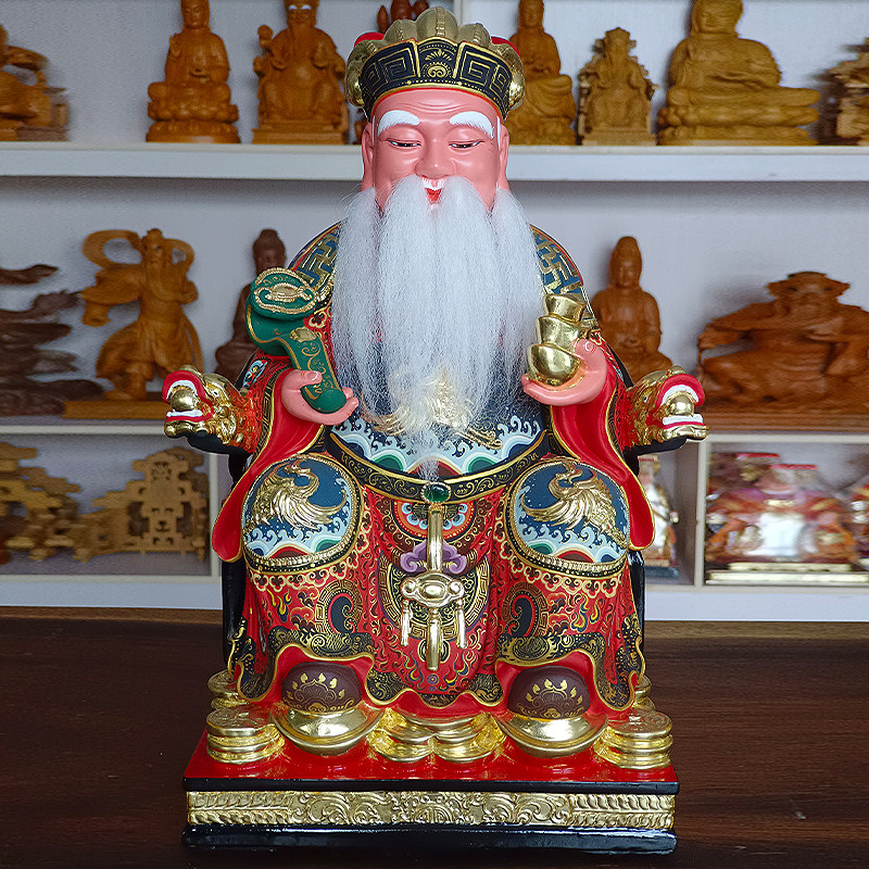土地公香樟木雕神像土地婆福德正神财神地主爷家用客厅中式摆件