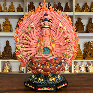 千手观音像香樟木雕千手千眼南海观世音家用客厅摆件佛像神像准提