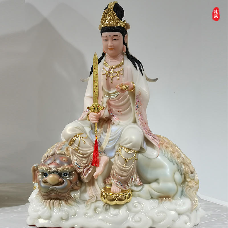 拿宝剑文殊普贤菩萨华严三圣汉白玉家居供奉摆件佛像客厅国风彩绘