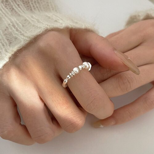 精致碎银弹力手作戒指女极简冷淡风轻奢珍珠S925银指环甜酷食指戒