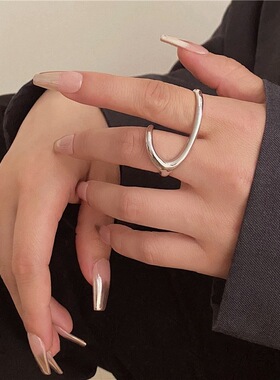 欧美风几何线条双指戒指女个性嘻哈朋克夸张开口指环小众食指戒潮