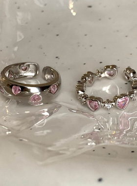 甜美粉色爱心戒指女宽边时尚个性设计感S925镀银开口指环食指戒