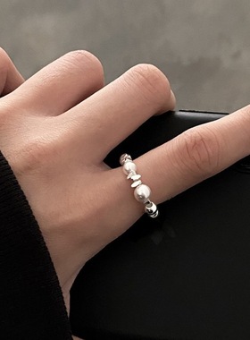 甜美珍珠弹力戒指女时尚百搭气质简约S925银指环网红爆款食指戒潮