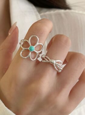 甜美花朵戒指女轻奢精致海蓝蝴蝶结开口指环ins风网红清新食指戒