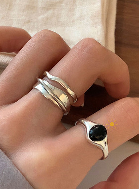 椭圆黑色锆石戒指女复古几何多层不规则S925镀银开口指环食指戒