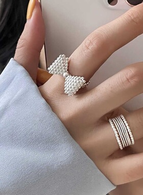 气泡立体蝴蝶结戒指女简约时尚几何多层线条S925镀银开口食指环潮