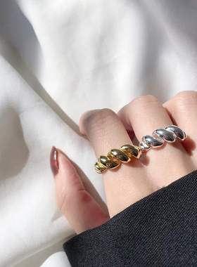 韩版S925银个性牛角包戒指女复古时尚可颂开口指环麻花嘻哈食指戒