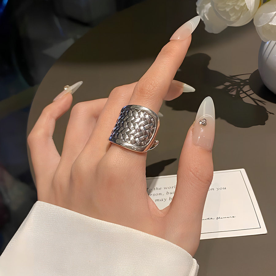 韩版复古夸张编织网格戒指女个性时尚重工开口指环嘻哈朋克食指戒