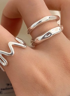 线条波浪戒指女韩版时尚个性简约气质双层S925镀银开口指环食指戒