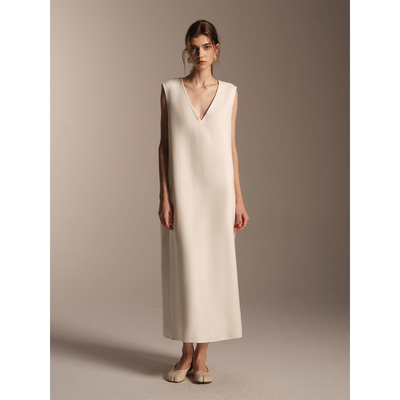 SOFTSELF雾绒诗羊毛羊绒双面呢无袖连衣裙领宽松长款冬季新款优雅