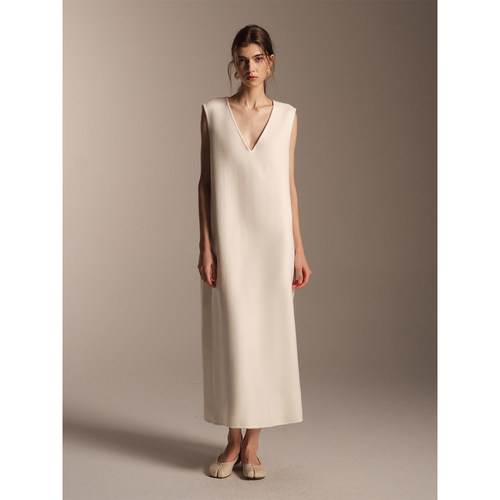 SOFTSELF雾绒诗羊毛羊绒双面呢无袖连衣裙领宽松长款冬季新款优雅