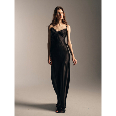 SOFTSELF雾绒诗冬季新款女高级感简约优雅法式长裙蕾丝边