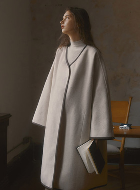 SoftSelf秋冬小众设计师品牌极简羊毛骆驼绒包边双面呢长款大衣