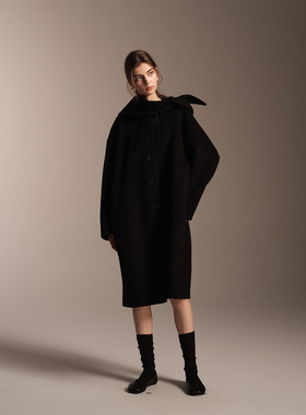 SOFTSELF冬季新款女羊绒羊毛三角巾圆领中长款大衣