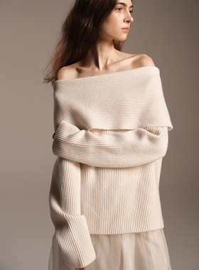 SOFTSELF雾绒诗冬季新款女高级感一字肩翻领羊毛针织上衣