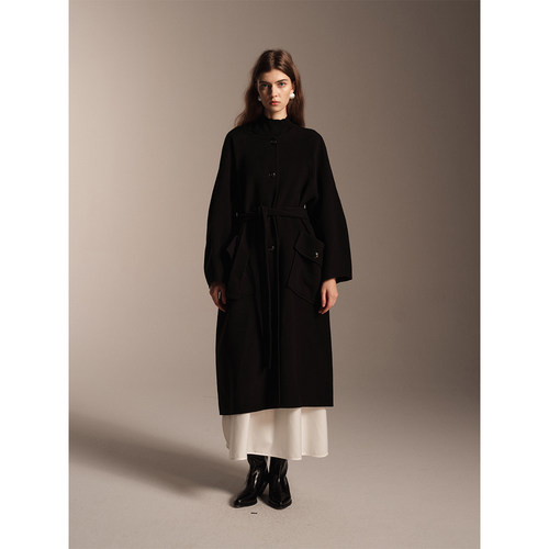 SOFTSELF雾绒诗冬季新款显瘦双面呢高级感女圆领廓形羊毛外套