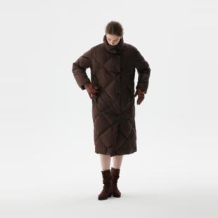 SoftSelf·和煦之墨立领直筒菱形方格长款白鹅绒保暖羽绒服冬新款