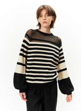 SoftSelf·目之所驻黑白条纹全羊毛毛衣女气质长袖圆领套头针织衫