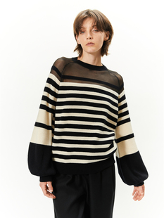 SoftSelf·目之所驻黑白条纹全羊毛毛衣女气质长袖圆领套头针织衫