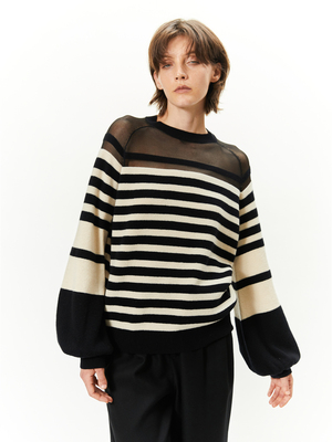 SoftSelf·目之所驻黑白条纹全羊毛毛衣女气质长袖圆领套头针织衫