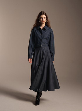 SOFTSELF雾绒诗秋季新款立体廓形A版显瘦收腰伞裙半身裙女