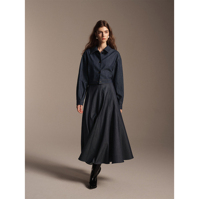 SOFTSELF雾绒诗秋季新款立体廓形A版显瘦收腰伞裙半身裙女