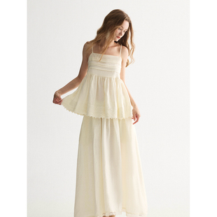 SOFTSELF薄雾梦泽新款设计感压褶花边拼接吊带半裙套装夏女