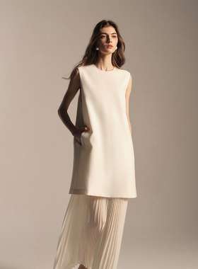 SOFTSELF雾绒诗小众设计白色无袖连衣裙新款圆领外穿中长款裙子