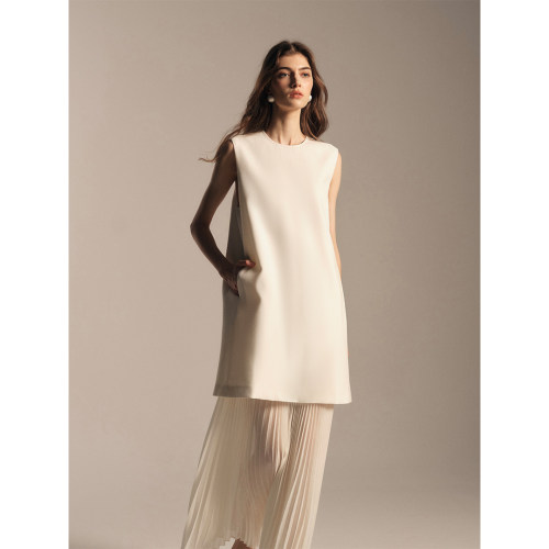 SOFTSELF雾绒诗小众设计白色无袖连衣裙新款圆领外穿中长款裙子