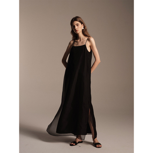 SOFTSELF雾绒诗秋季新款显瘦真丝吊带双层吊带直身长裙女网纱气质