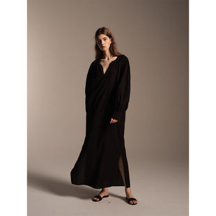 SOFTSELF雾绒诗秋季新款显瘦百搭黑色法式泡泡袖连衣裙女高级感