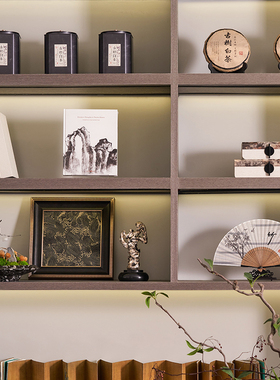 样板间茶空间茶柜层板装饰摆件画