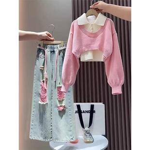 女童三件套装春装2026新款韩版小女孩中大童春秋季爆款毛衣牛仔裤