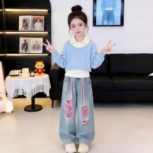 女童秋季新款2026多巴胺套装破洞春秋款洋气毛衣背心牛仔裤三件套