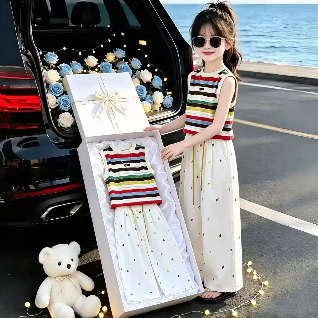 女童夏季新款2026儿童套装韩版洋气中大童无袖条纹背心休闲裤潮