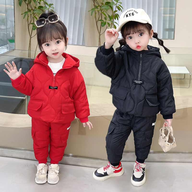 女宝宝冬季加绒加厚棉服两件套装女童男中小儿童2023新款棉袄保暖