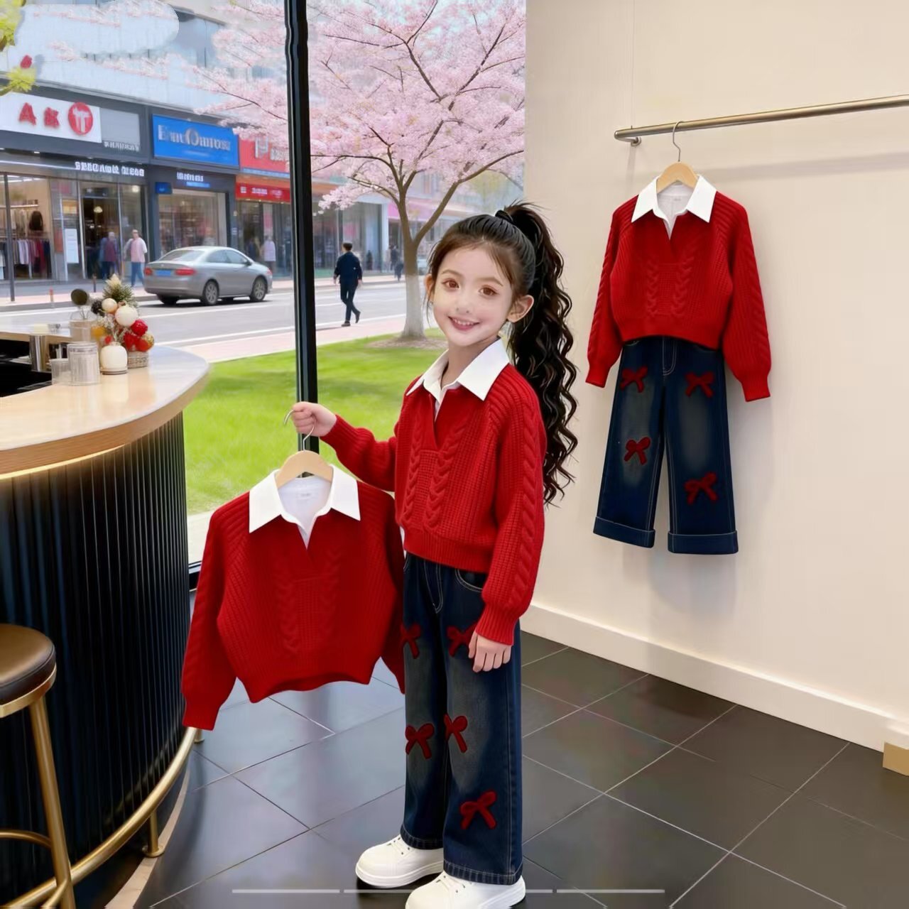 女童2026春季新款秋冬加绒牛仔裤儿童毛衣女孩洋气百搭两件套