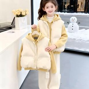 女童套装春季2026新款韩版时髦保暖马甲毛衣加绒阔腿裤三件套