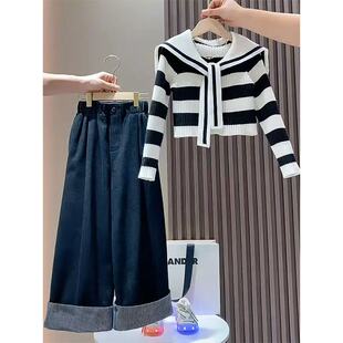 女童春装套装2026新款春季韩版时髦中大童毛衣牛仔裤炸街两件套